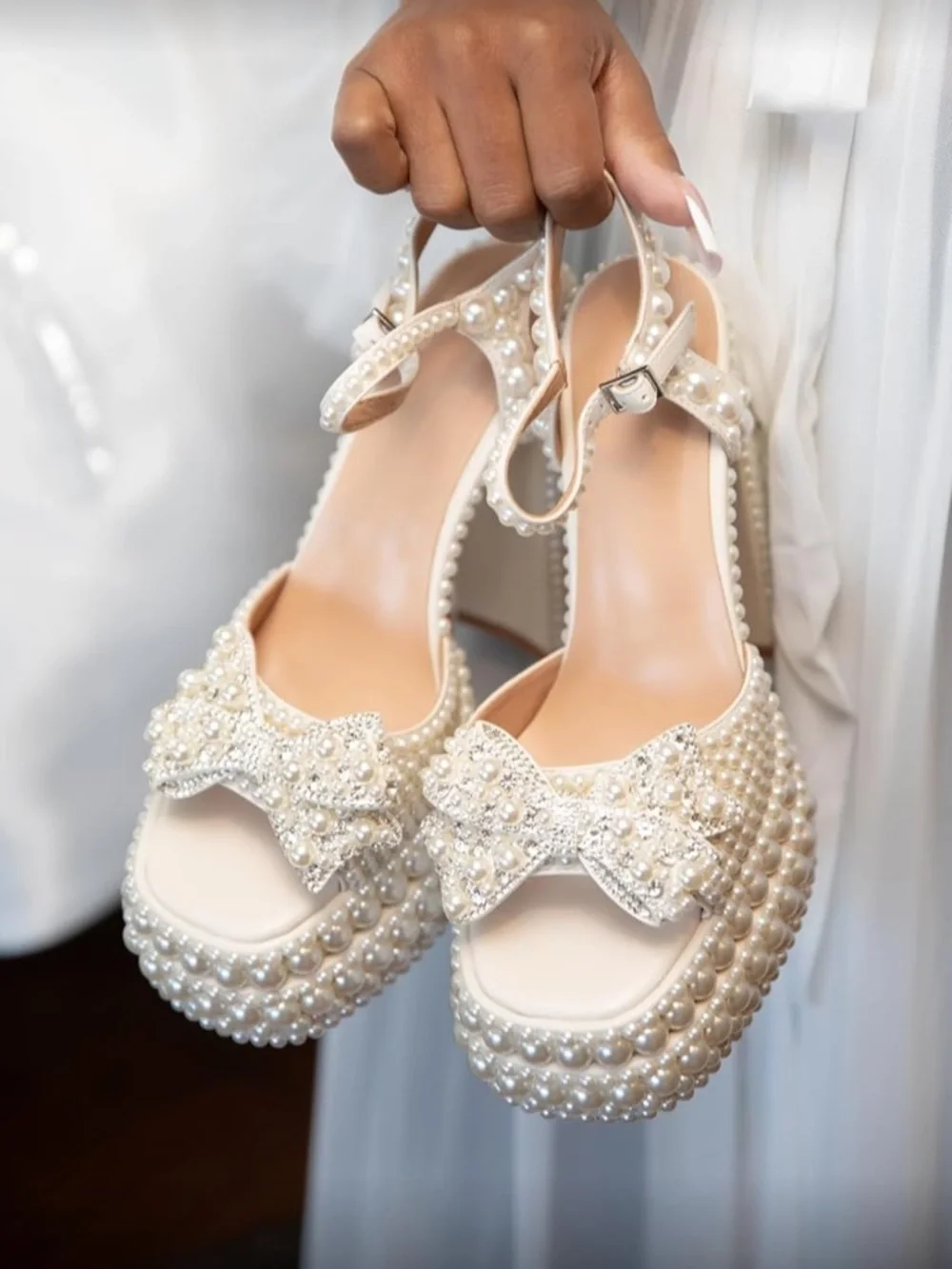 Pearl-Embellished White Platform Sandal with Ankle Strap